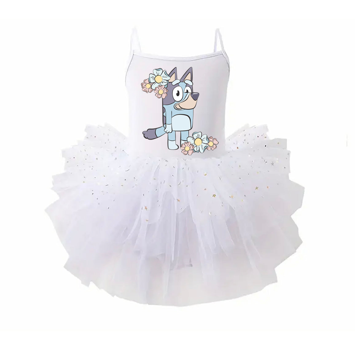 Blue Dog Flowers - Kids Tulle Tutu Dress Leotard