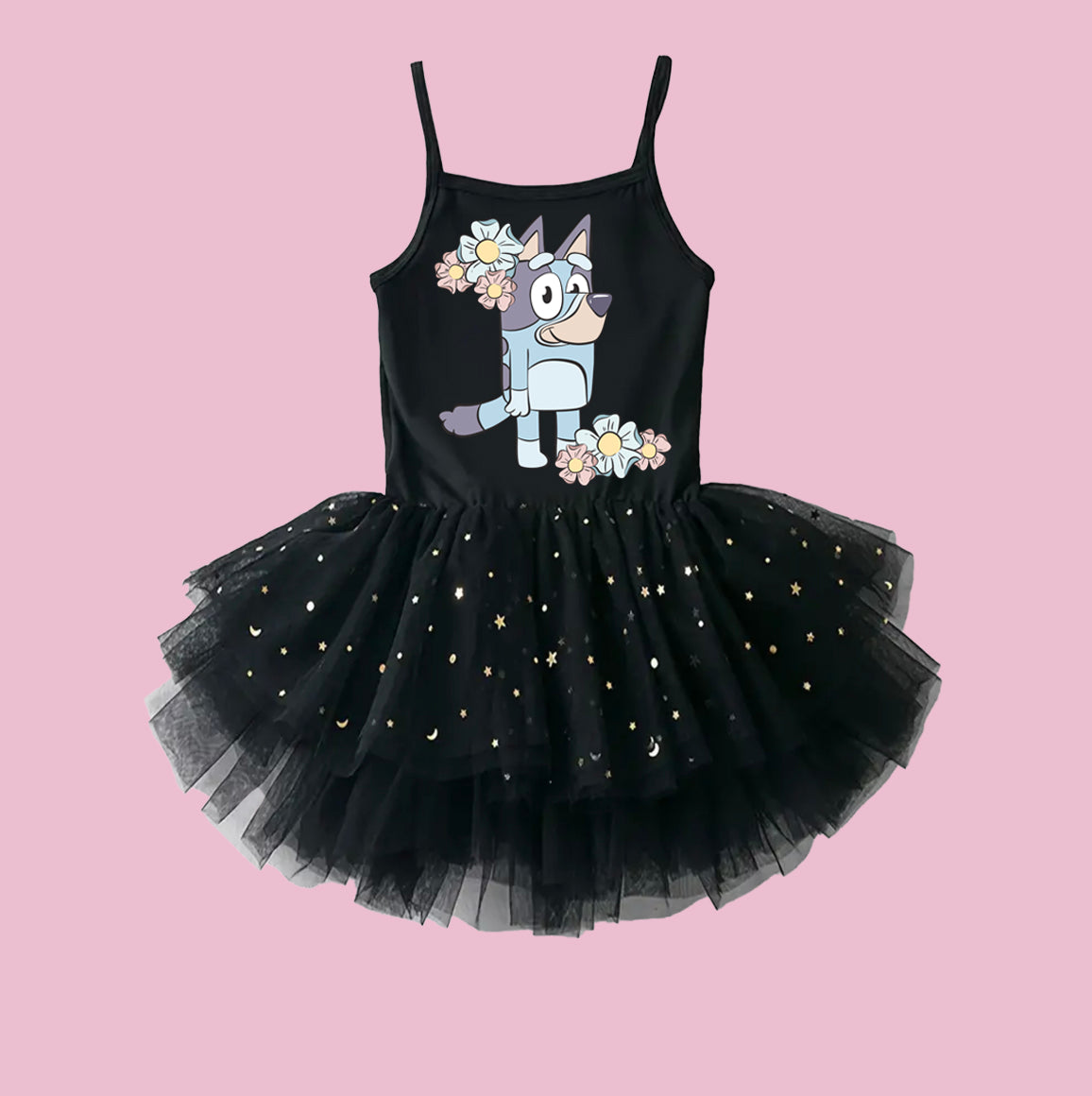 Blue Dog Flowers - Kids Tulle Tutu Dress Leotard