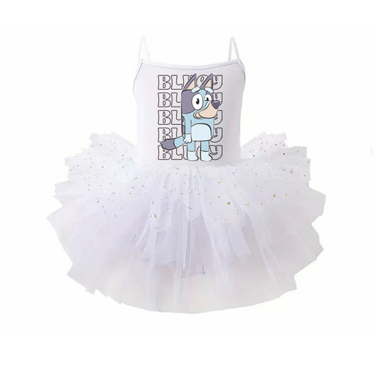 Blue Dog Letters - Kids Tulle Tutu Dress Leotard