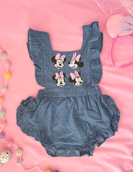 Girl Mouse Faces Pink Denim Romper