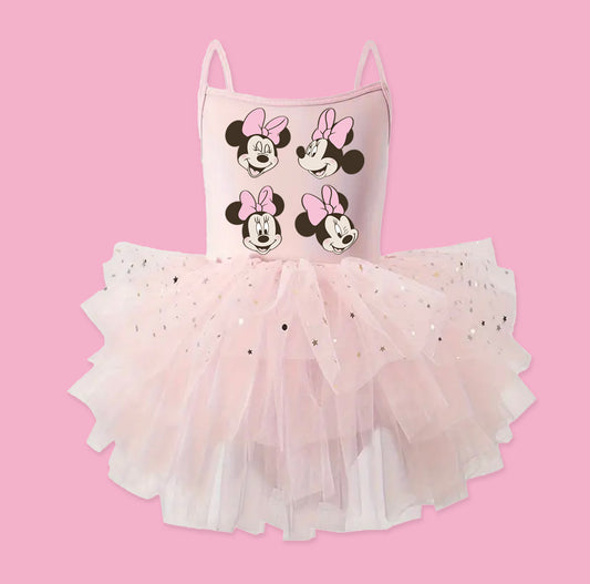 Girl Mouse Faces Pink - Kids Tulle Tutu Dress Leotard